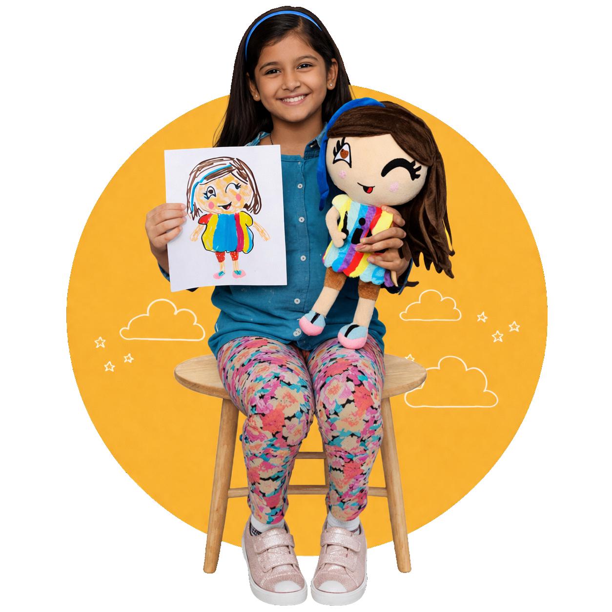 Custom plush toy made from child’s drawing showing design to final stuffed toy