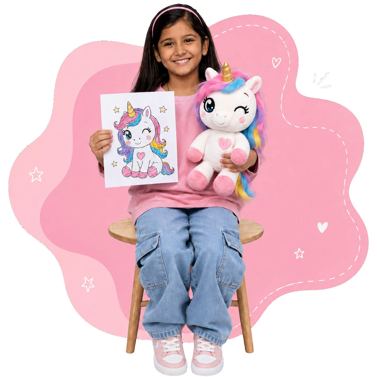 Custom plush toy made from child’s drawing showing design to final stuffed toy